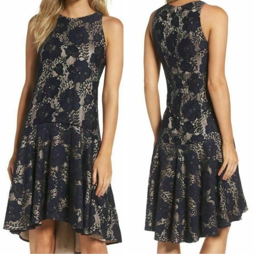 Eliza J Navy Blue Lace High Low Drop Waist Short Dress Sz 6